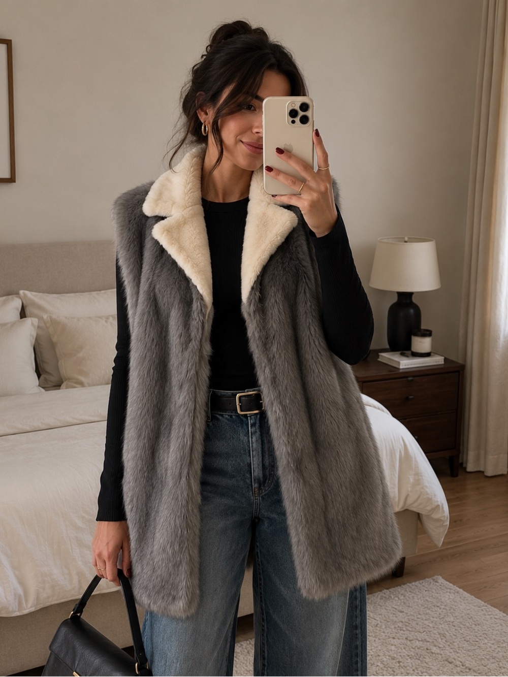 Rudsak Grey Faux Fur Long Vest Coat Cream Shearling Collar  Size XS/S